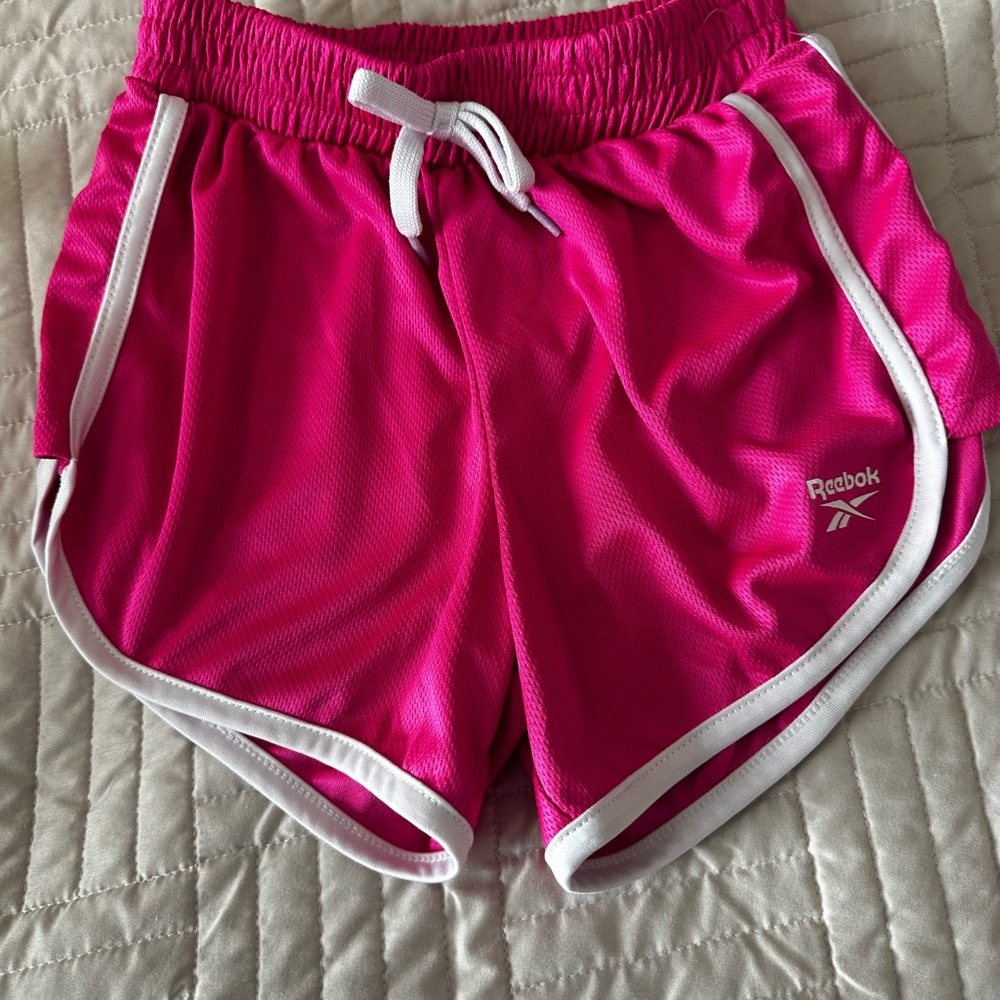 Reebok Pink and White Athletic Shorts with Dolphin Hem